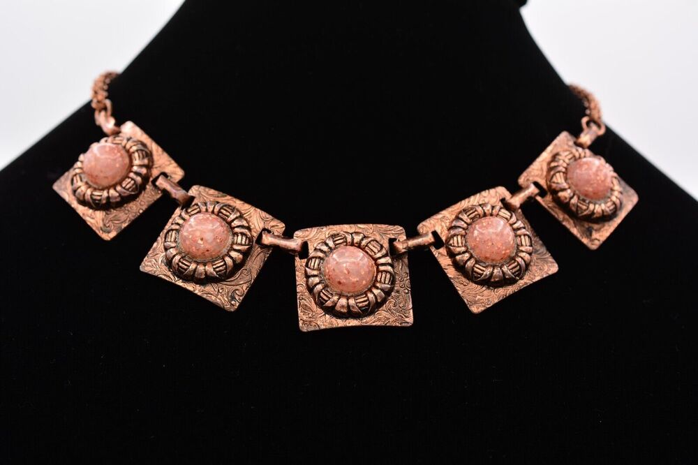 Vintage Cabochon Lucite Collar Necklace Copper Tone Rose Glitter 1970s Bin7B